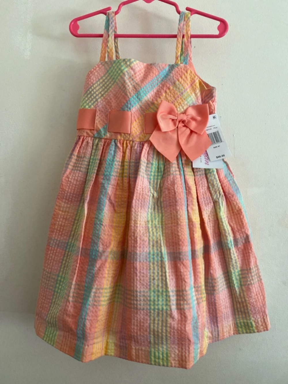 Bonnie Jean Peach Plaid Bow Dress with Pastel Stripes